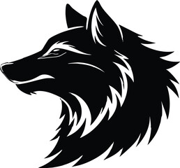 Minimalist wolf head with a single sharp line vector silhouette black, Black and white wolf howling at the moon illustration art design