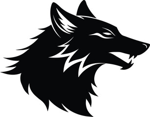 Minimalist wolf head with a single sharp line vector silhouette black, Black and white wolf howling at the moon illustration art design