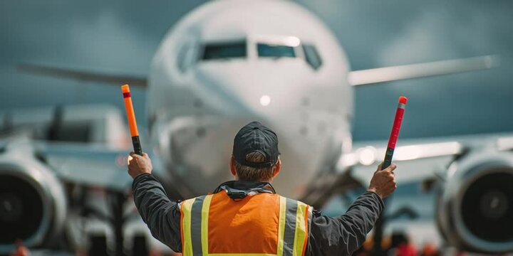 Airport ground marshal guiding airplane to parking position