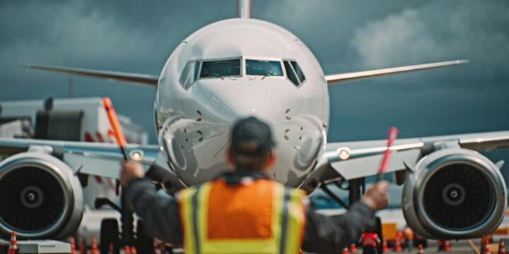 Airport ground marshal guiding airplane to parking position