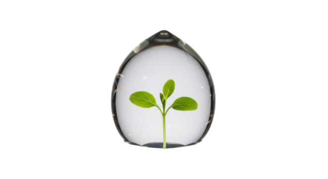 Small green plant seedling growing inside transparent crystal glass dome paperweight isolated on Transparent Background