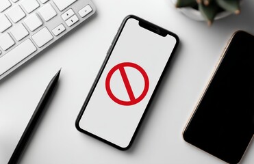 Smartphone screen displays a large red prohibition symbol, signifying restricted access or a blocked app, alongside a keyboard and another phone.