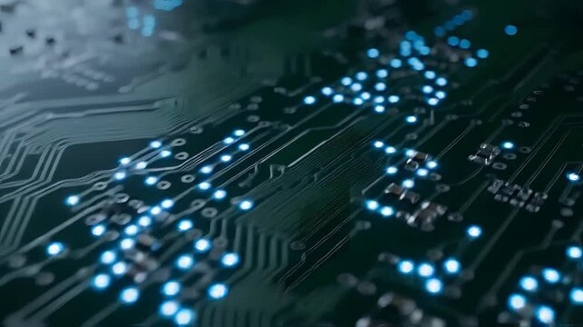 High Tech Circuit Board Closeup Glowing L E Ds Electronic Technology Abstract Background Digital Data Network Motherboard Components Microchip Innovation Future Tech Seamless Loop 4 K Resolution