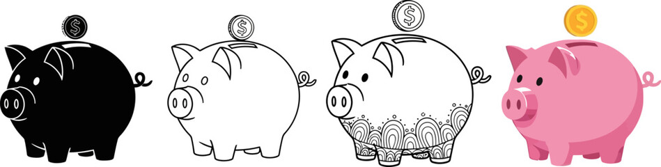 Piggy bank vector illustration set for saving money and financial planning concept design idea 100