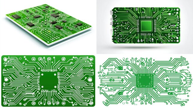 A collection of four green circuit board illustrations showcasing different designs and perspectives, ideal for electronic or technological projects requiring a visual representation of circuitry