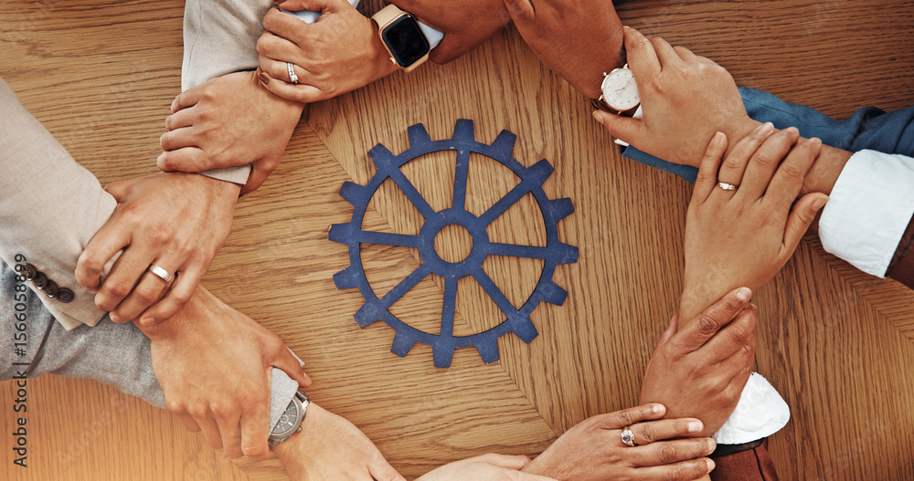 Poster business people, hands or unity with cog for team building or problem solving together above. top vi
