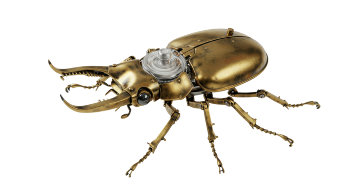 Detailed Steampunk Golden Mechanical Beetle with Visible Clockwork and Gears isolated on Transparent Background