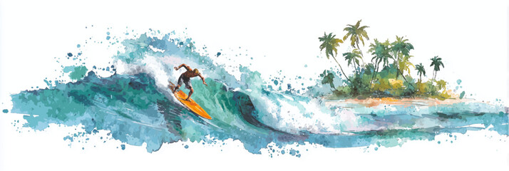 Vector illustration of surfer riding a big wave under a sunny sky tropic, watercolor paint