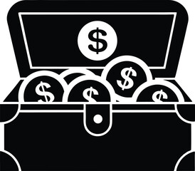 Wooden Treasure chest full of dollar coin black silhouette vector illustration