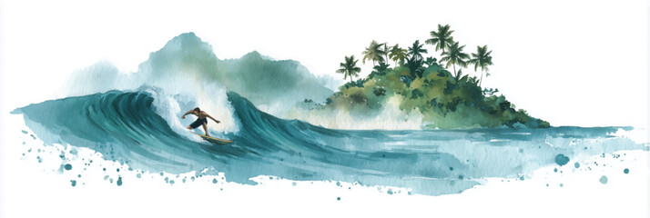 Vector illustration of surfer riding a big wave under a sunny sky tropic, watercolor paint