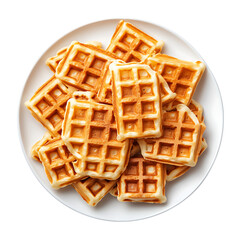 Stack of golden waffles served on white plate isolated on transparent background