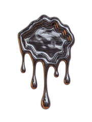 Glossy black liquid drip with layered, wavy edges and reflective surface, accented with hints of amber light, isolated on white background. Concept of bold visual contrast and molten form