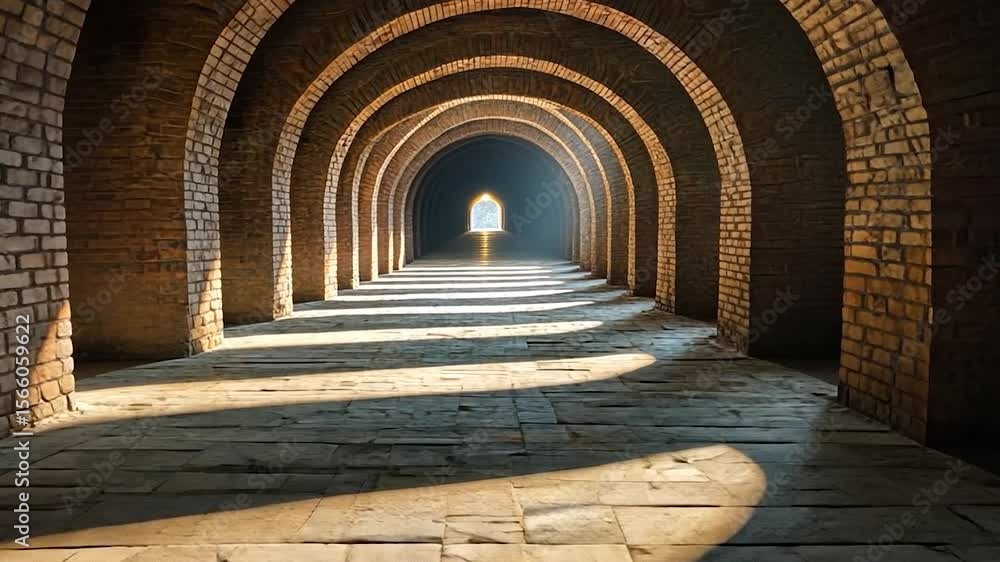 Poster a long tunnel with a brick arched ceiling, illuminated by a bright window at the end. the floor is t
