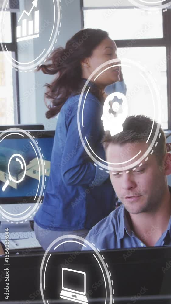 Poster animation of interface with multiple digital icons over diverse man and woman discussing at office