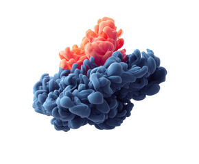 Colorful ink cloud in water combining coral red and deep blue hues with soft, organic swirls, isolated on white background. Concept of fluid art and vibrant visual harmony