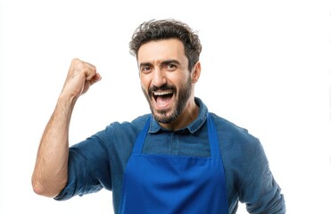 Happy worker in blue apron celebrates success with a raised fist, beaming with joy and excitement.