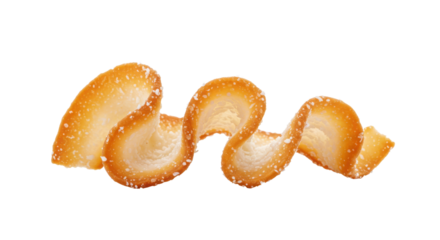 Curled orange peel strip with sugar crystals isolated on white background