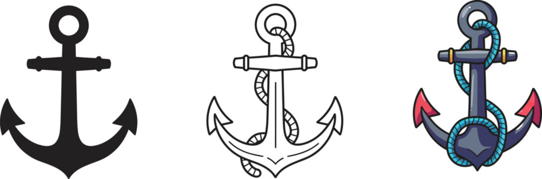 Vector anchor illustration set nautical symbol sea ocean boat ship design graphic drawing black and white color 100