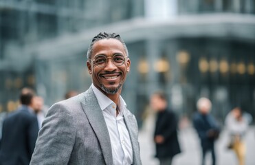 Confident middle-aged man smiles warmly in a city setting, showcasing professional attire and a positive attitude.