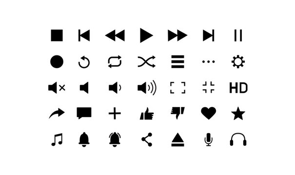 Collection of black sound icons in a minimalist, flat design style  includes speaker, volume up/down, mute, equalizer, and audio wave symbols. Ideal for use in mobile apps, web interfaces, media play