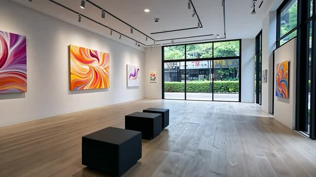 A brightly lit art gallery with white walls and light wood floors. Several colorful abstract paintings hang on the walls. Two black cube-shaped benches sit in the middle of the room facing large