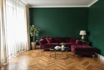 blank wall dark-green in living room with bordo sofa