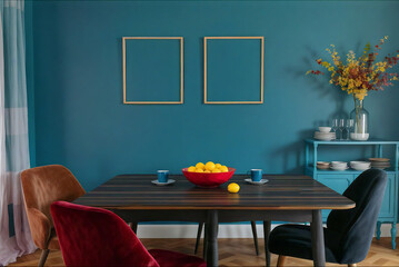 dining room interior mockup with two frame blank on the blue-dark wall