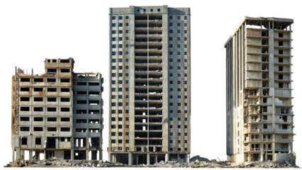 Ruined concrete towers with broken floors isolated on a transparent background skyscrapers