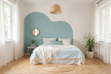 interior of a bedroom in blue-white colors in boho style