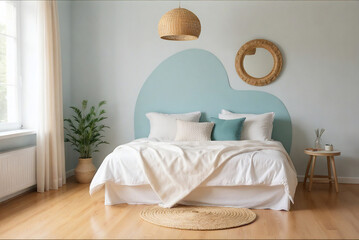 bedroom with a bed in boho style with mirrow