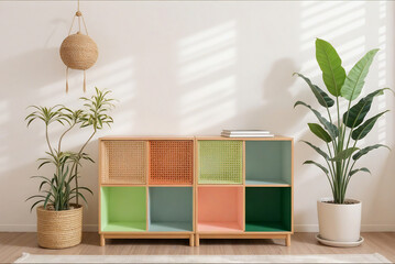 blank wall in room with green plants and colorful comod