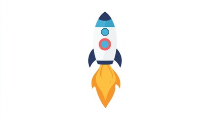 Stylized rocket ship ascends with bright orange flames against a white background