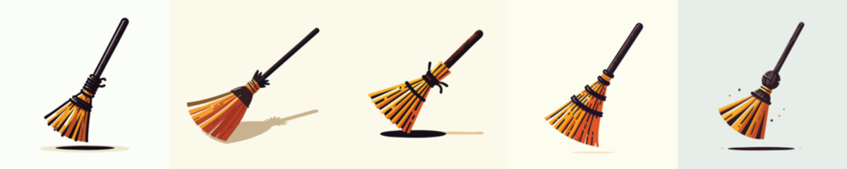 Vector Witch Broomstick Set | Halloween Magical Broom Clipart