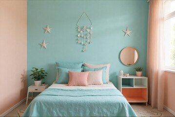 interior of a bedroom with bed in blue colors