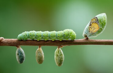 Metamorphosis: A caterpillar transforms into a butterfly, showcasing nature's incredible life cycle on a slender branch.