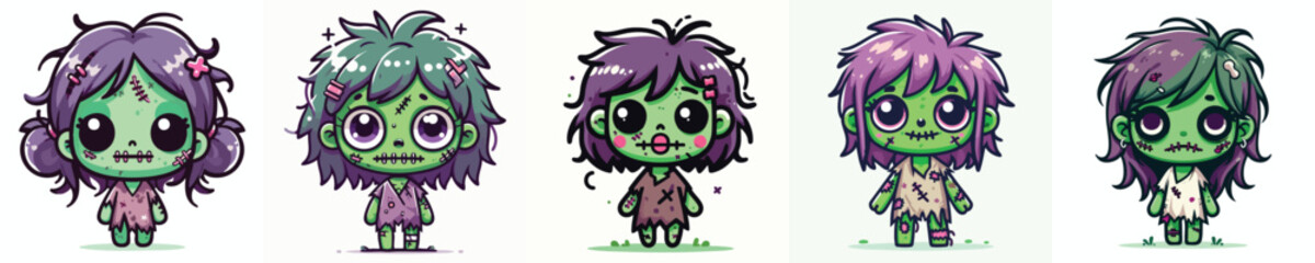 Cute Chibi Zombie Girls – Kawaii Halloween Cartoon Vector Character Set