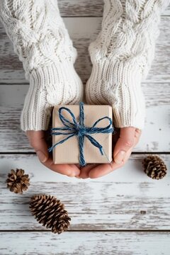 Hands in white sweater holding gift with blue string on rustic wood
