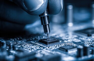 Precision engineering: A close-up view of a microchip being meticulously worked on by a technician's tool, highlighting the intricate details and