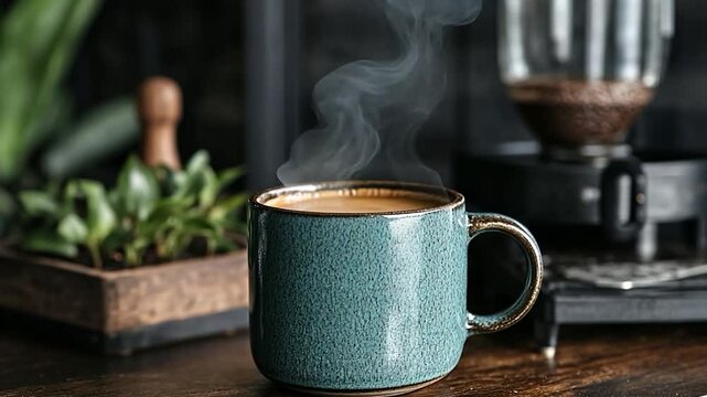Close-up shot captures a steaming cup of coffee, its rich aroma implied by rising vapors, set against a rustic wooden table. A small green plant adds a touch of nature, complemented by the blurred