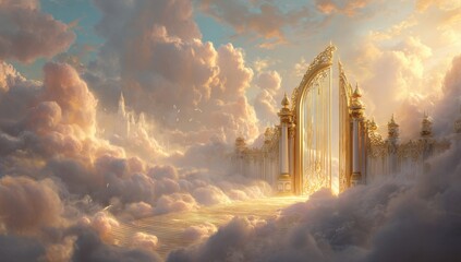 Golden Gate to Heaven Opens in a Celestial Landscape of Clouds