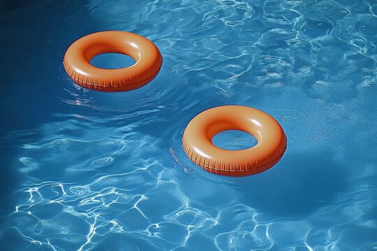 Bright orange pool float rings drifting in clear blue water under sunlight in a serene setting, Orange pool float rings floating on blue water