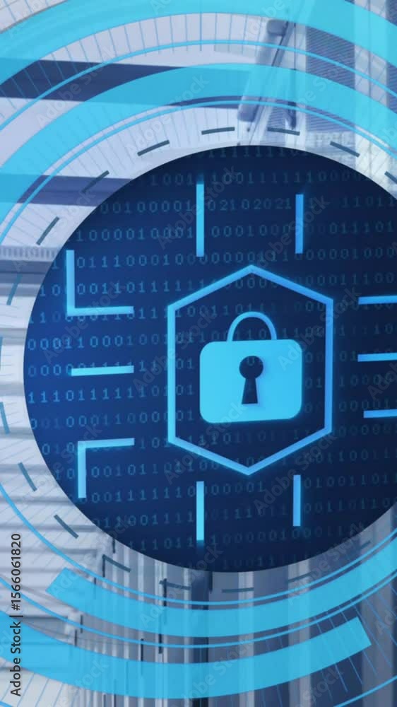 Poster animation of circular scanner with network security padlock icon over server room