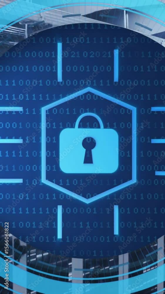 Poster animation of circular scanner with network security padlock icon over server room