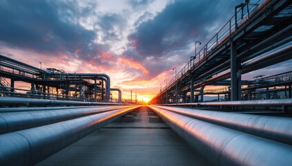 Industrial Sunset: Massive pipelines and refinery structures gleam under a vibrant, colorful sky.