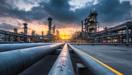 Industrial Sunset: Massive pipelines stretch towards a sprawling refinery bathed in the golden hues of twilight, a powerful symbol of energy