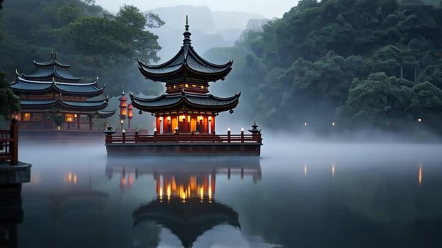 Scenic view of pagoda in the misty lake reflecting lights in the water at night. Lush green trees in the background. The structures have ornate details and red accents, under dark sky creating