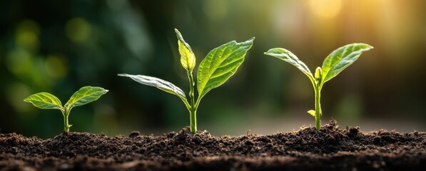 Three young seedlings sprout from rich soil, bathed in warm sunlight, symbolizing growth, nature's resilience, and the promise of a bountiful harvest.