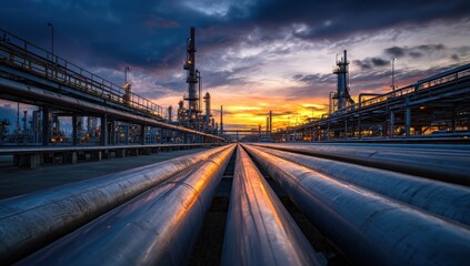 Sunset hues illuminate a vast industrial refinery, showcasing intricate pipelines and towering structures against a dramatic sky.