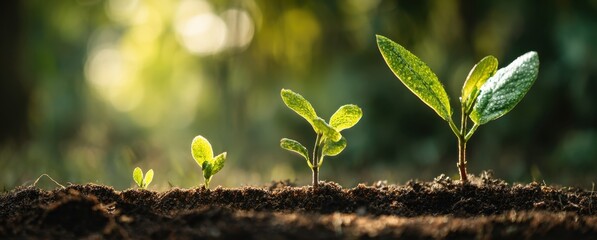 Four young plants grow in rich soil, showcasing the stages of growth and life's journey.