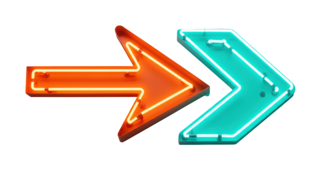 Realistic Orange and Turquoise Neon Arrows Pointing Right, Isolated Graphic Resource isolated on Transparent Background